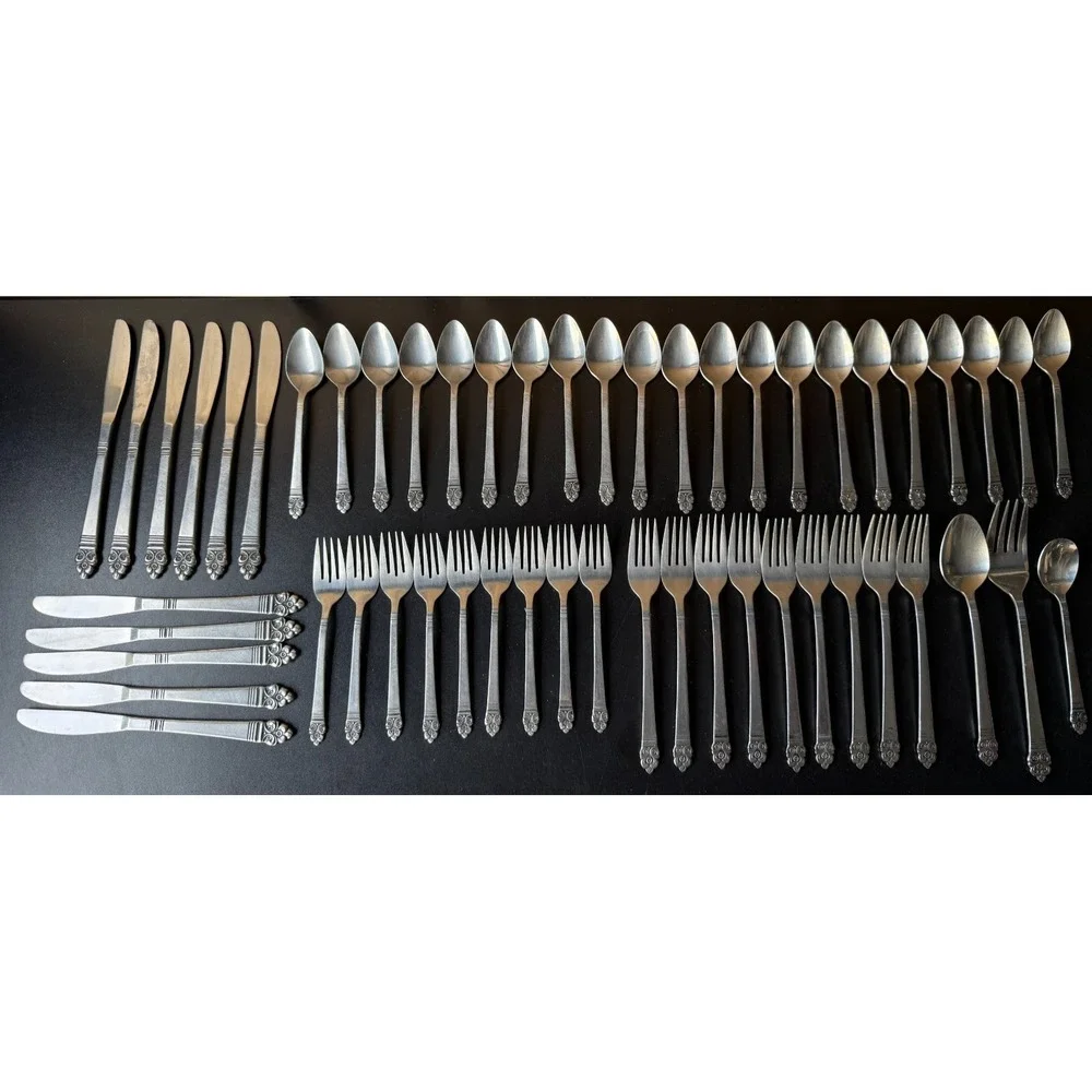 Vintage 53 piece Rogers Stainless Korea Flatware Ornate Floral Crown Royal